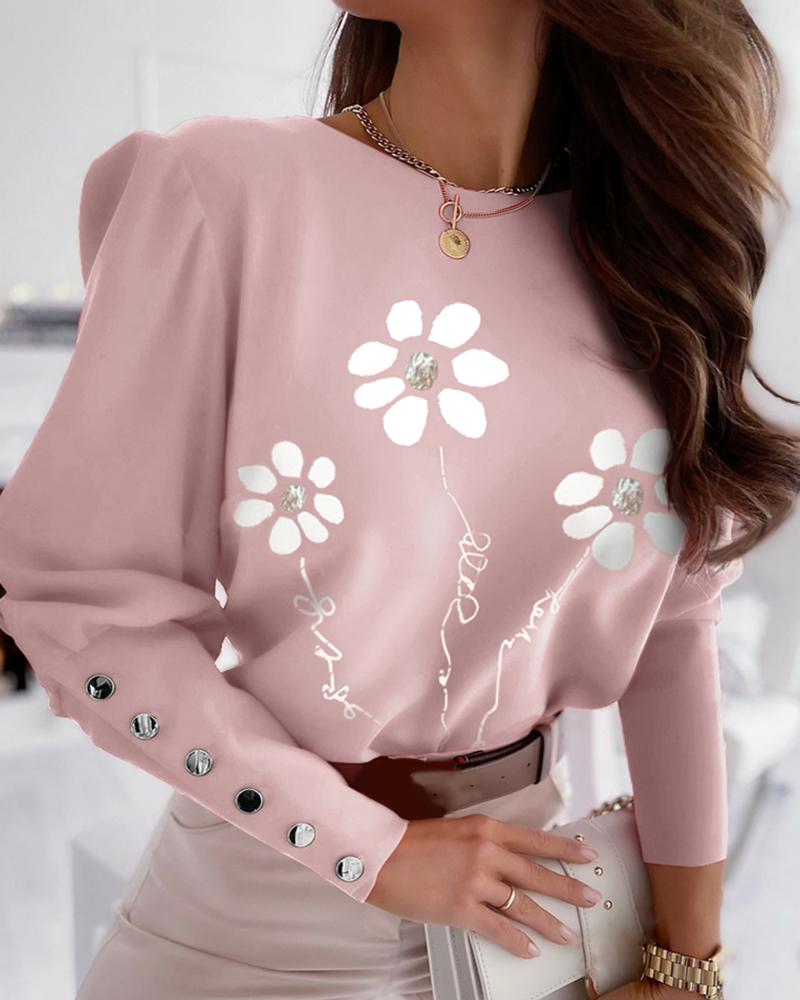 

Floral Print Button Decor Long Sleeve Top, Pink