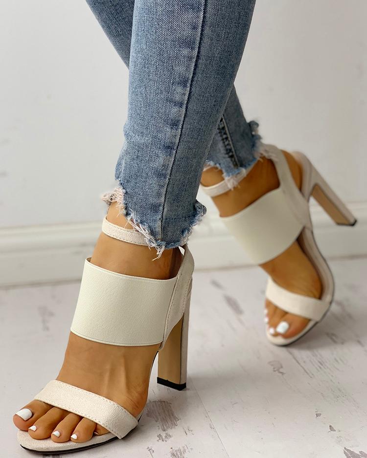 

Open Toe Elastic Strap Heeled Sandals, Beige