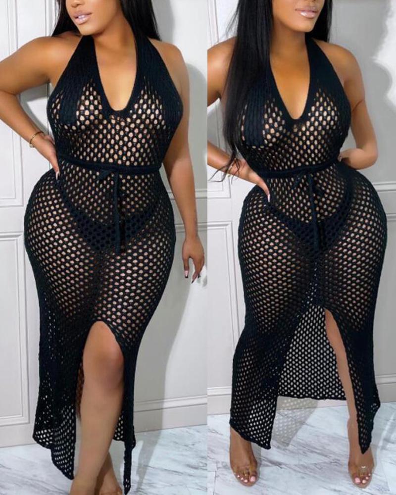 

Halter Backless Hollow Out Cover Up Beach Dress, Black