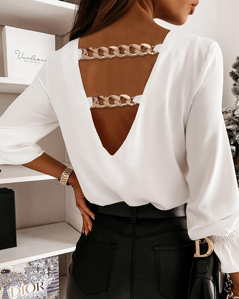 

Chain Decor V-Back Long Sleeve Top, White