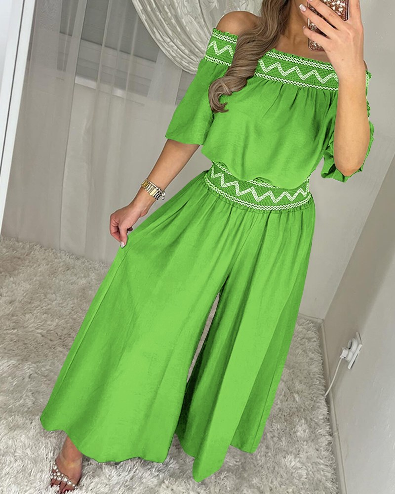 

Tribal Pattern Off Shoulder Half Sleeve Top Shirred Wide Leg Pants Vacation Pants Set, Green