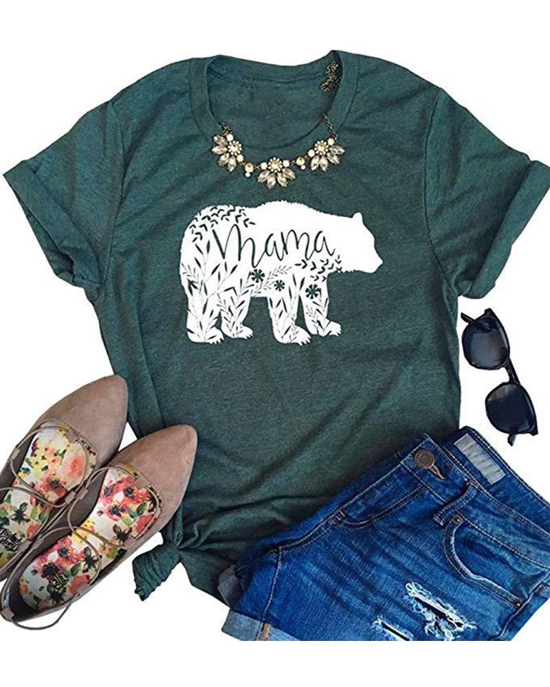 

Cartoon Bear Print Short Sleeve T-shirt, Dark green