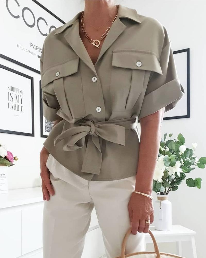 

Solid Color Lace-up Short Sleeve Cargo Shirt With Pockets, Army green