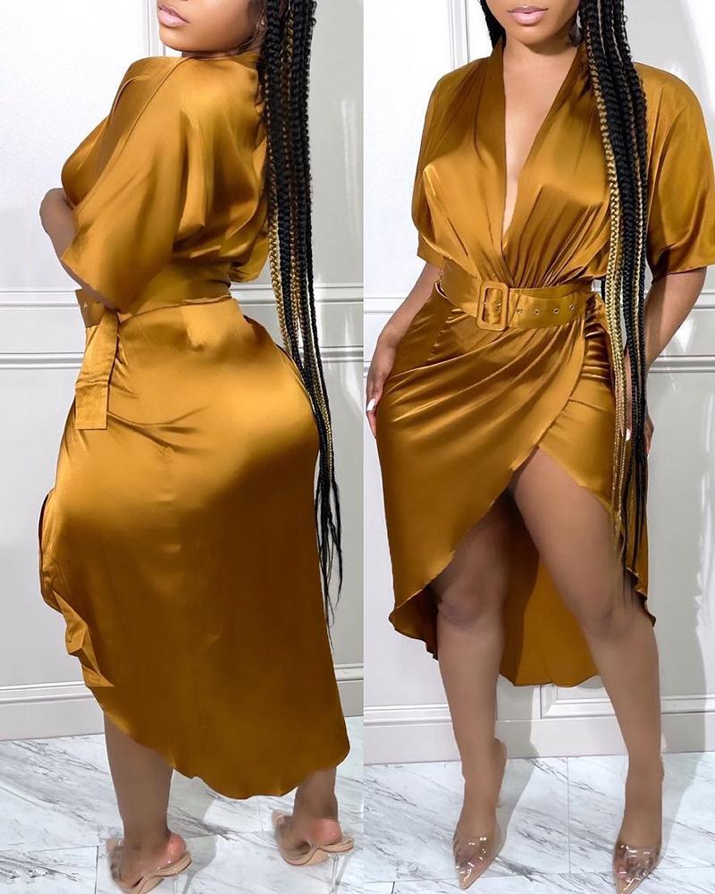 

Plunge Print Ruched Party Dress With Belt, Brown