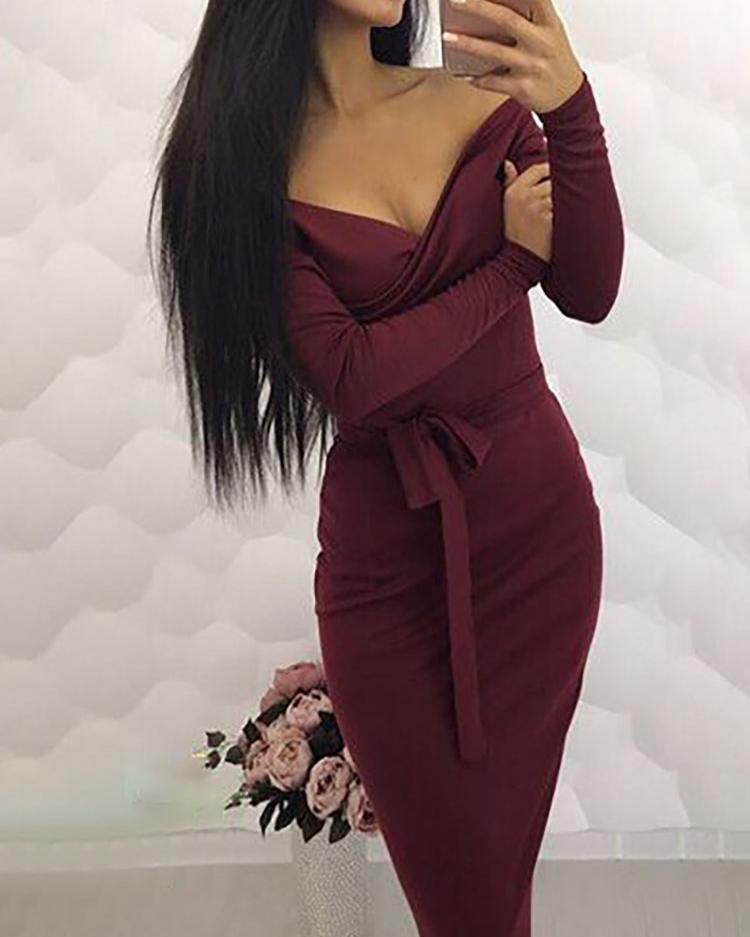 

Off Shoulder V Neck Belted Bodycon Dress, Wine red