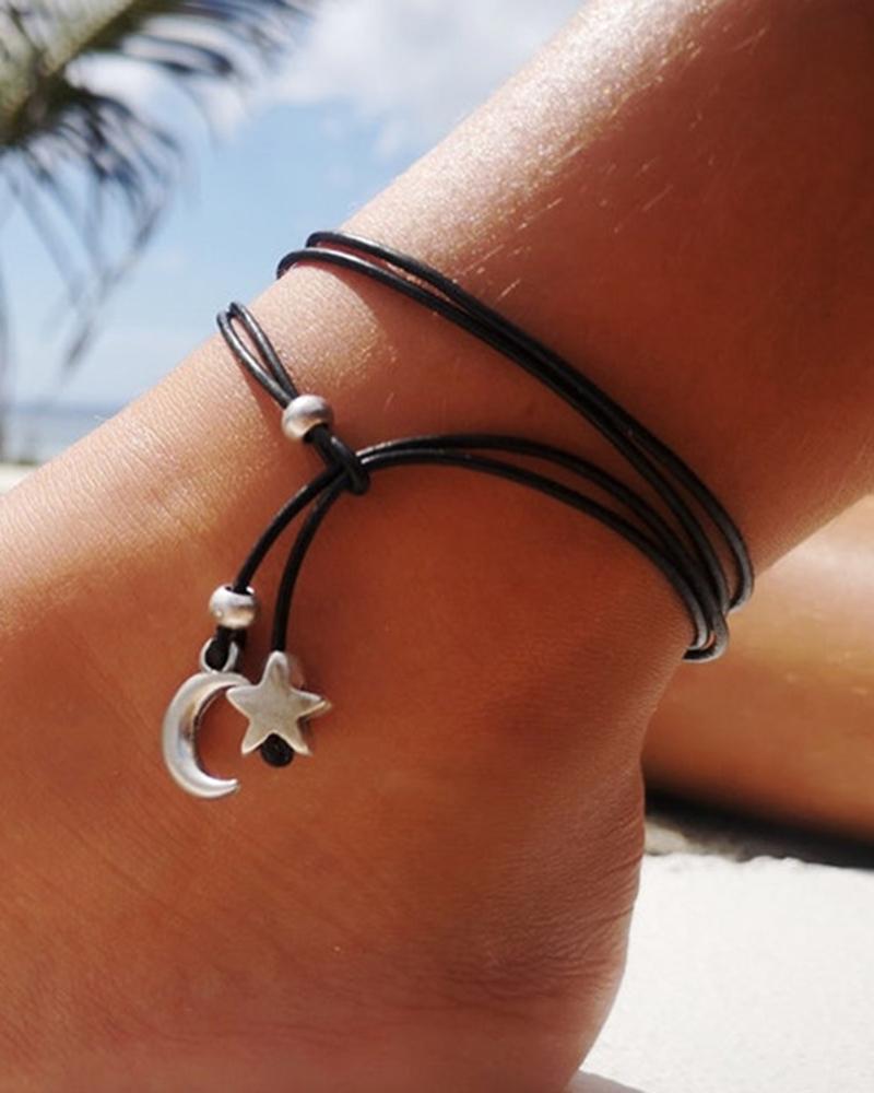 

1pc Bohemian Moon Star Multi-layer Leather Beach Anklet, Style1