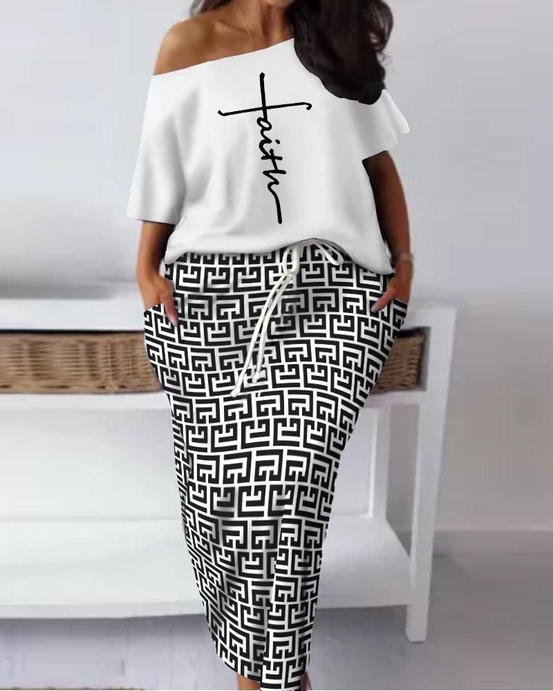 

Plus Size Faith Geometric Print Casual Top & Skirt Set, Blackwhite