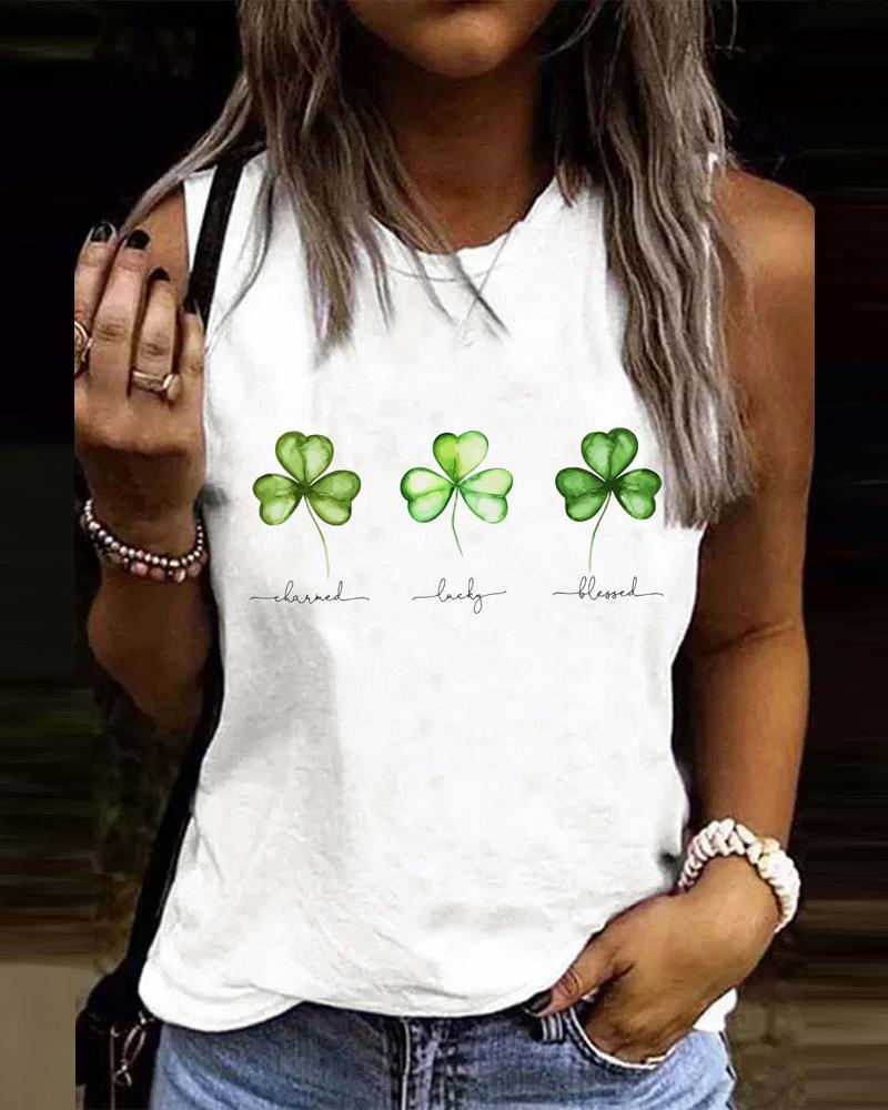 

St. Patrick' Day Lucky Clover Print Casual Tank Top, White