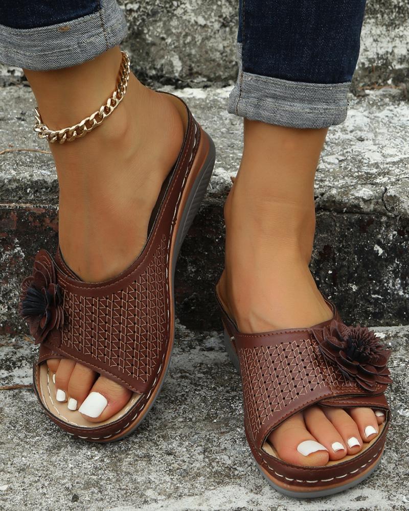 

Flower Pattern Hollow Out Wedge Slippers, Coffee