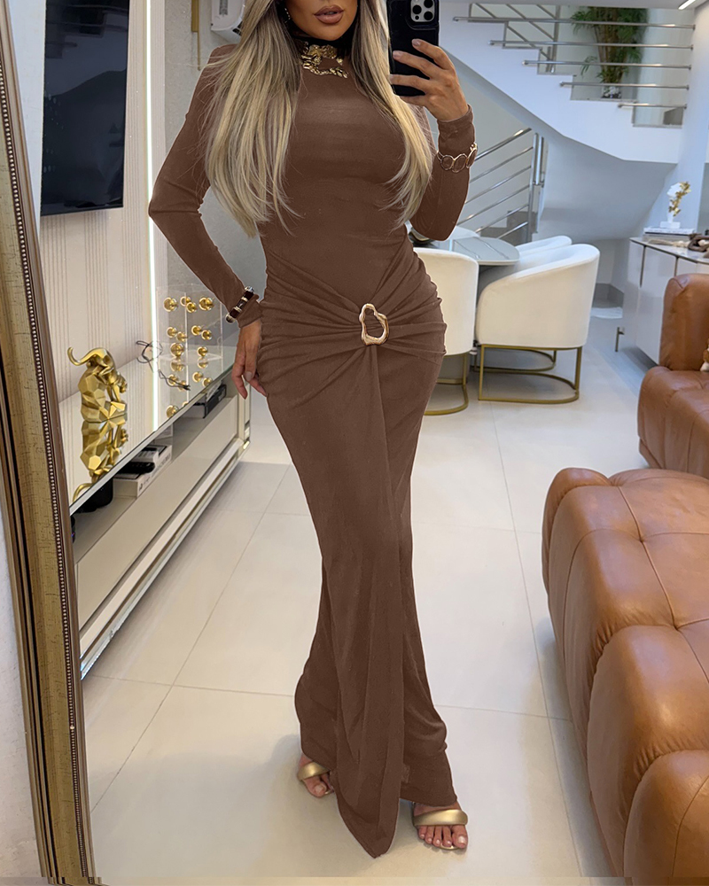 

Metal Ring Decor Mock Neck Long Sleeve Ruched Slim Fit Maxi Dress Wrap Front Zipper Back Evening Dress, Brown