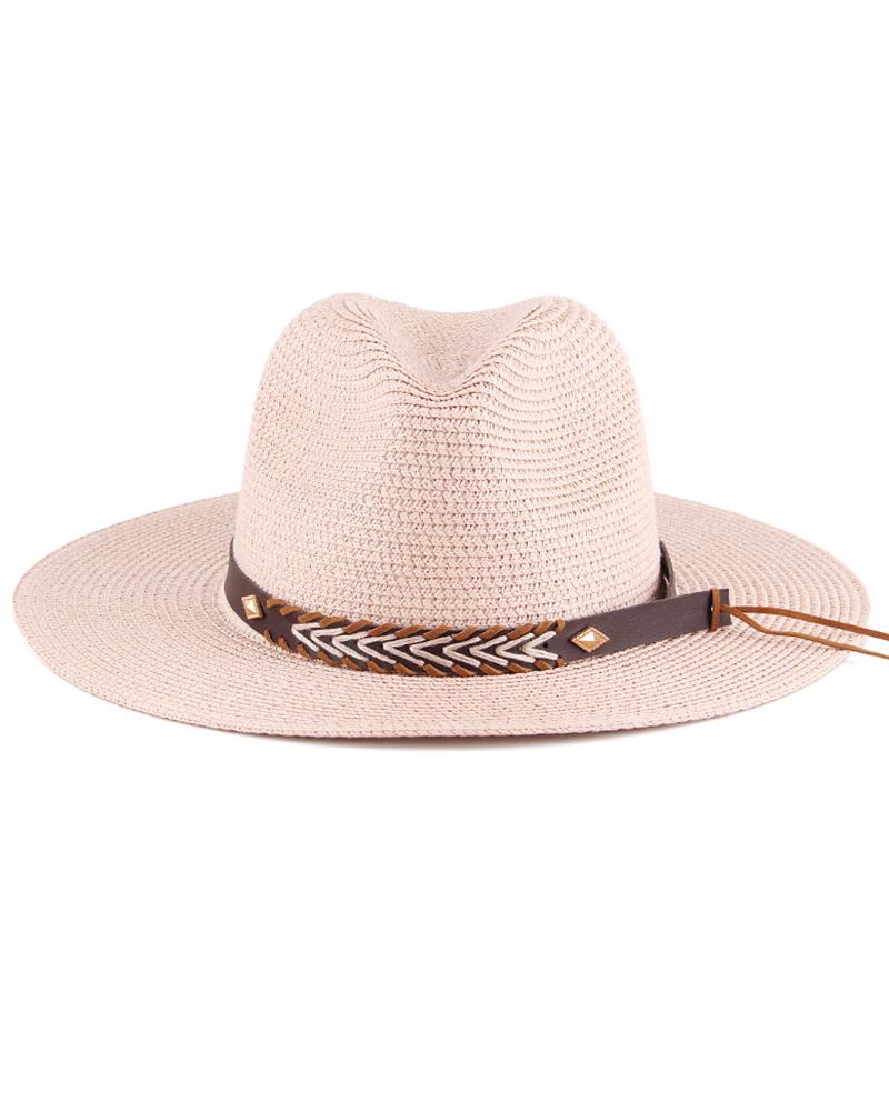 

Geometric Pattern Wide Brim Straw Hat, Pink