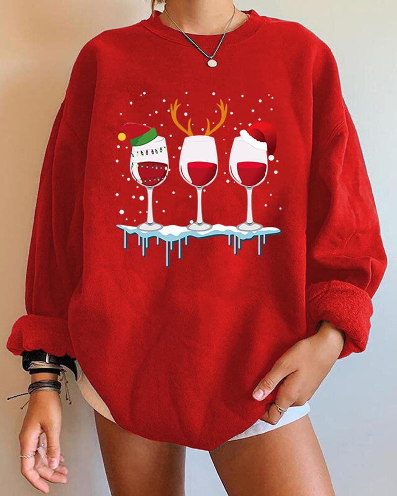 

Christmas Wine Glass Print Long Sleeve Sweatshirt, Red