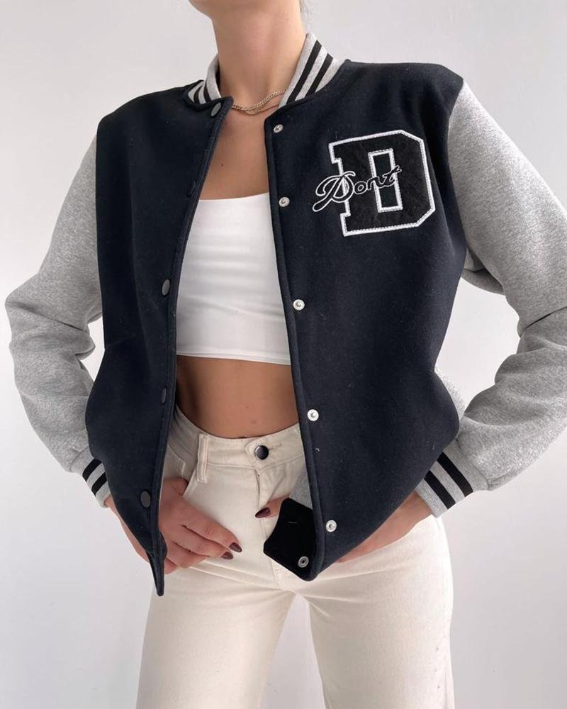 

Letter Embroidery Colorblock Button Up Jacket, Black