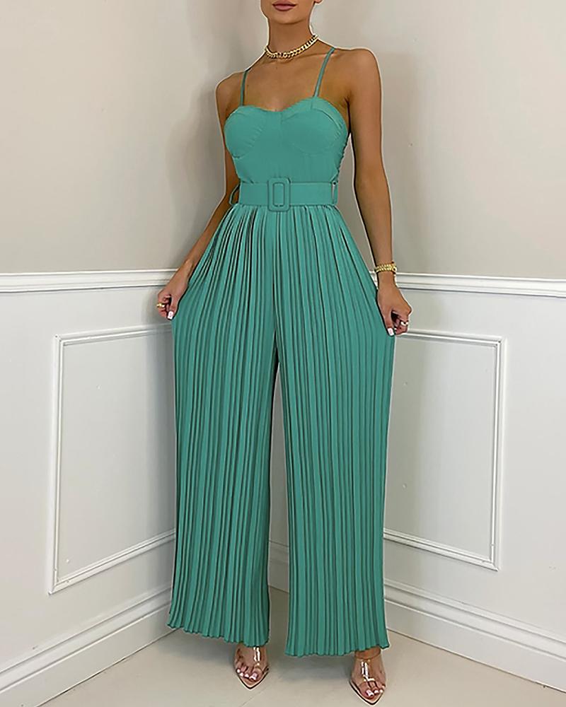 

Spaghetti Strap Pleated Wide Leg Jumpsuit, Green