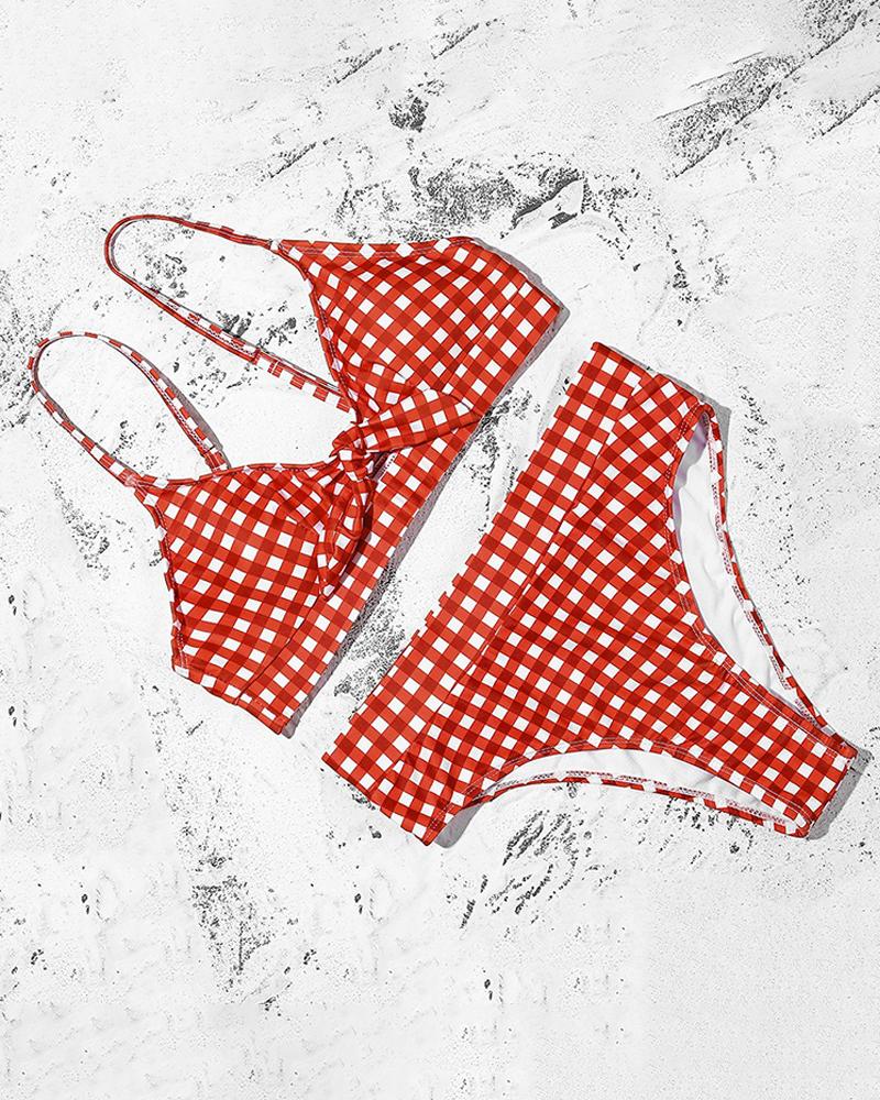 

Knotted Front Plaid Print High Waist Bikini Set, Red