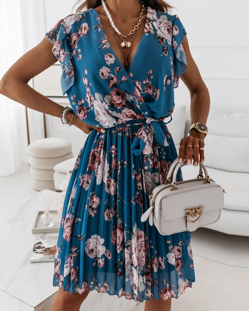 

Floral Print Flutter Sleeve Pleated Wrap Dress, Blue