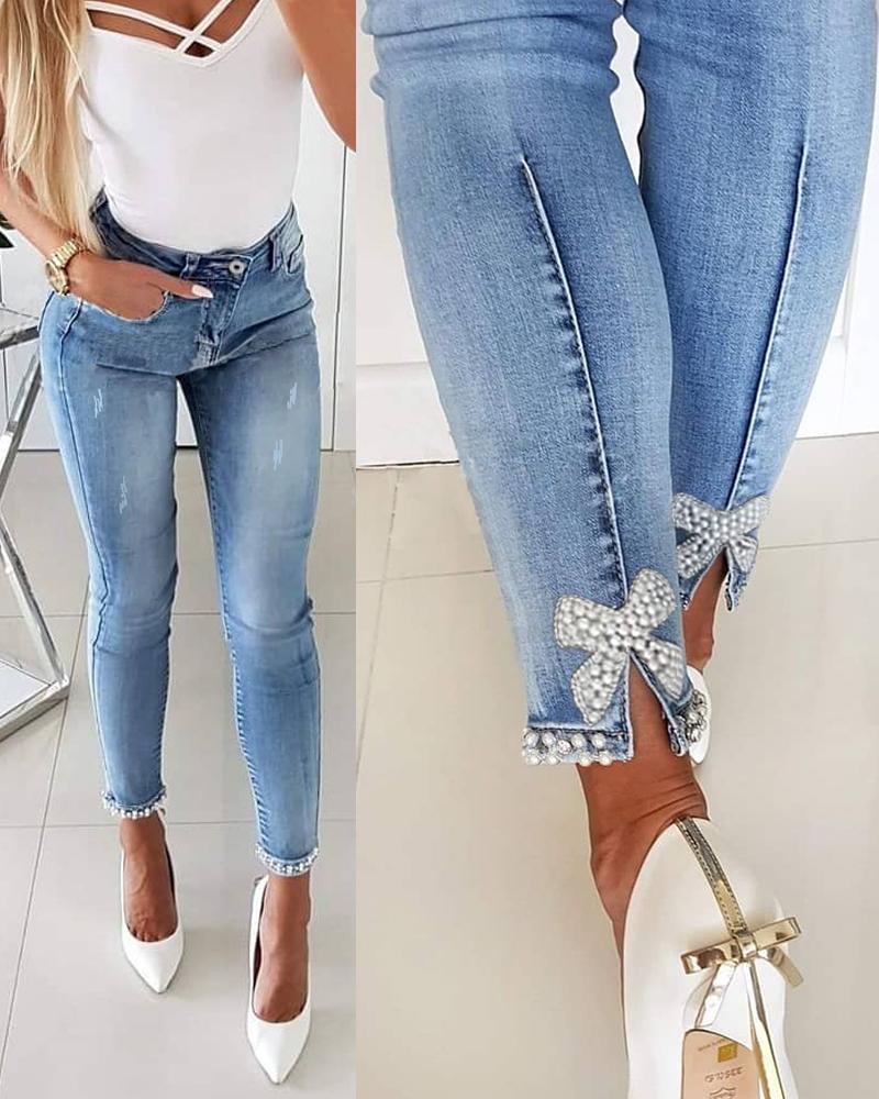 

Beaded Slit Bowknot Decor Jeans, Lighted blue