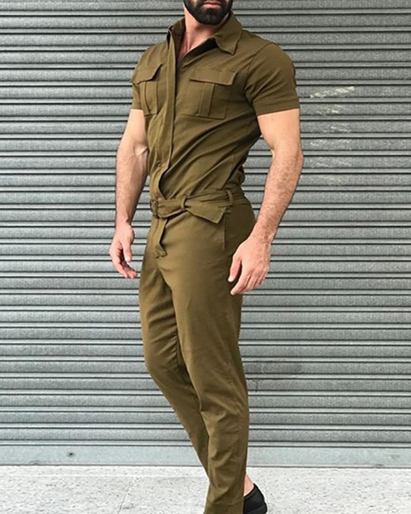 

Man Pocket Design Short Sleeve Cargo Jumpsuit, Army green