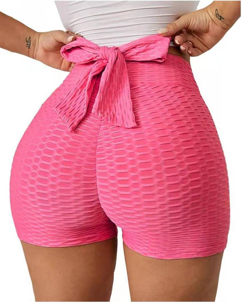 

Bowknot Decor Textured High Waist Yoga Shorts, Hot pink
