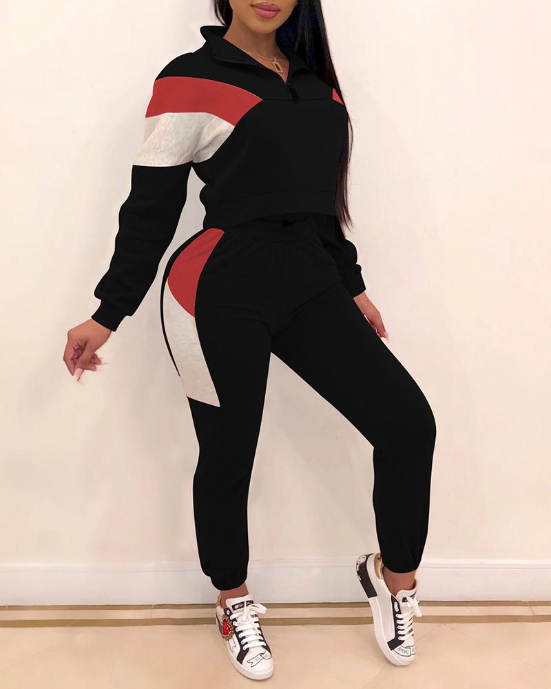 

Colorblock Zip Top & Drawstring Pants Set, Black