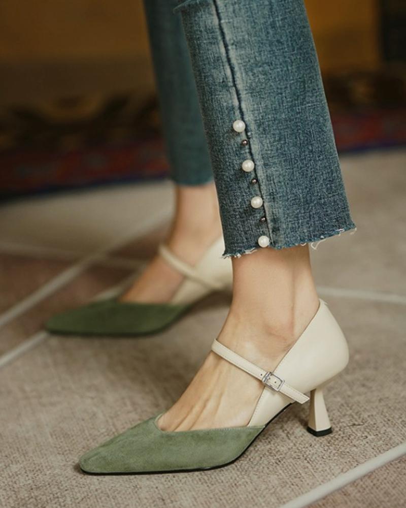 

Pointed Toe Colorblock Suede Patch Buckled Heels, Green