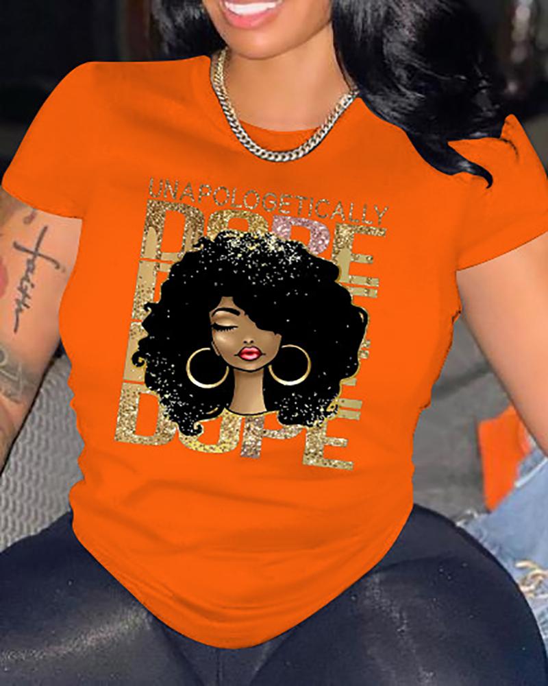 

Figure Letter Print Short Sleeve Casual T-shirt, Orange