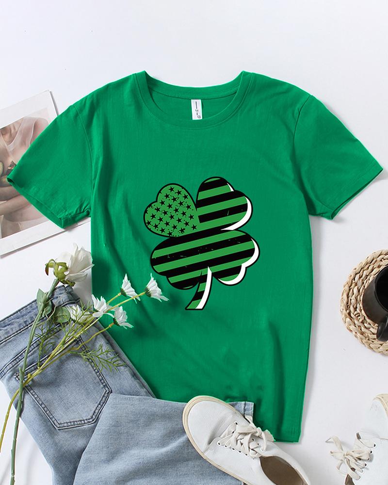 

St.Patrick' Day Short Sleeve Four Leaf Clover Striped Print Top, Green