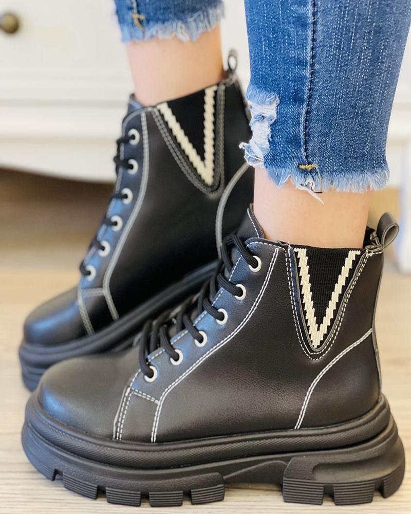 

Chevron Pattern Eyelet Lace-up Combat Boots, Black