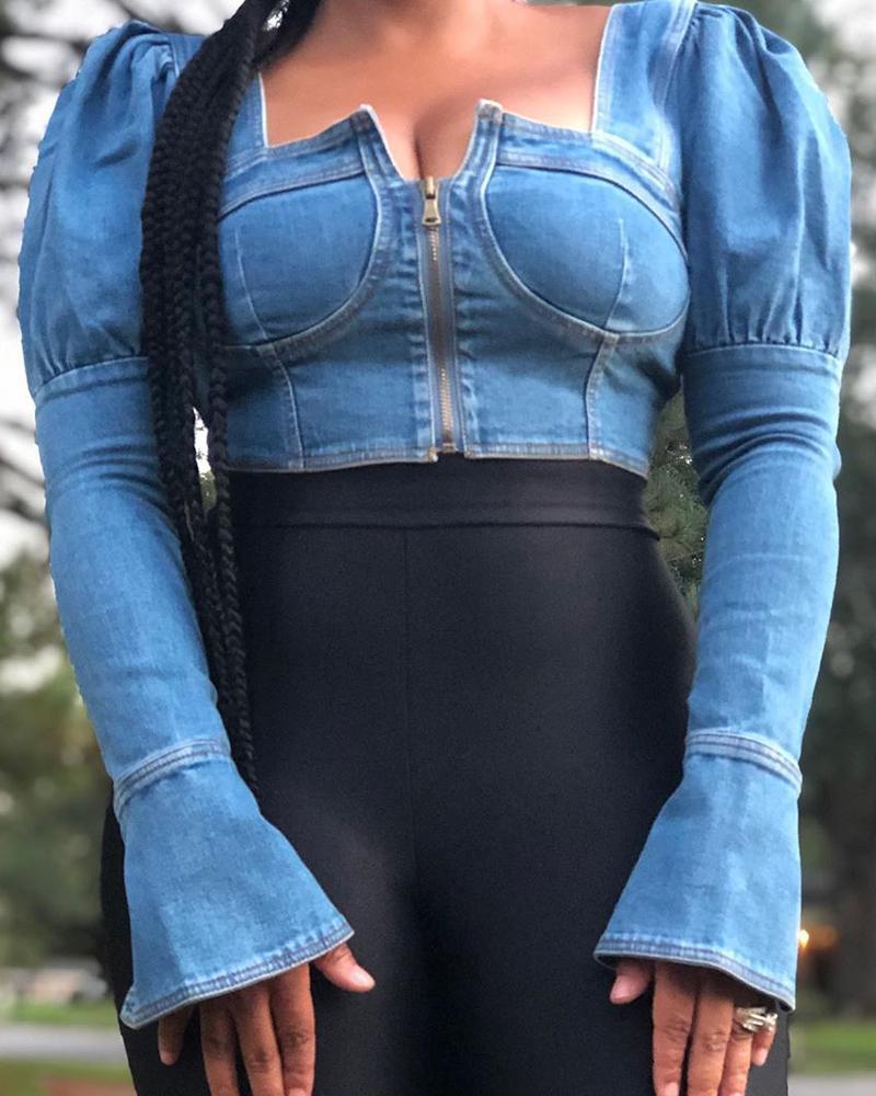 

Solid Puffed Sleeve Zipper Backless Blouse, Blue