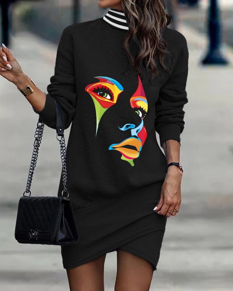 

Abstract Figure Print High Neck Long Sleeve Dress, Black