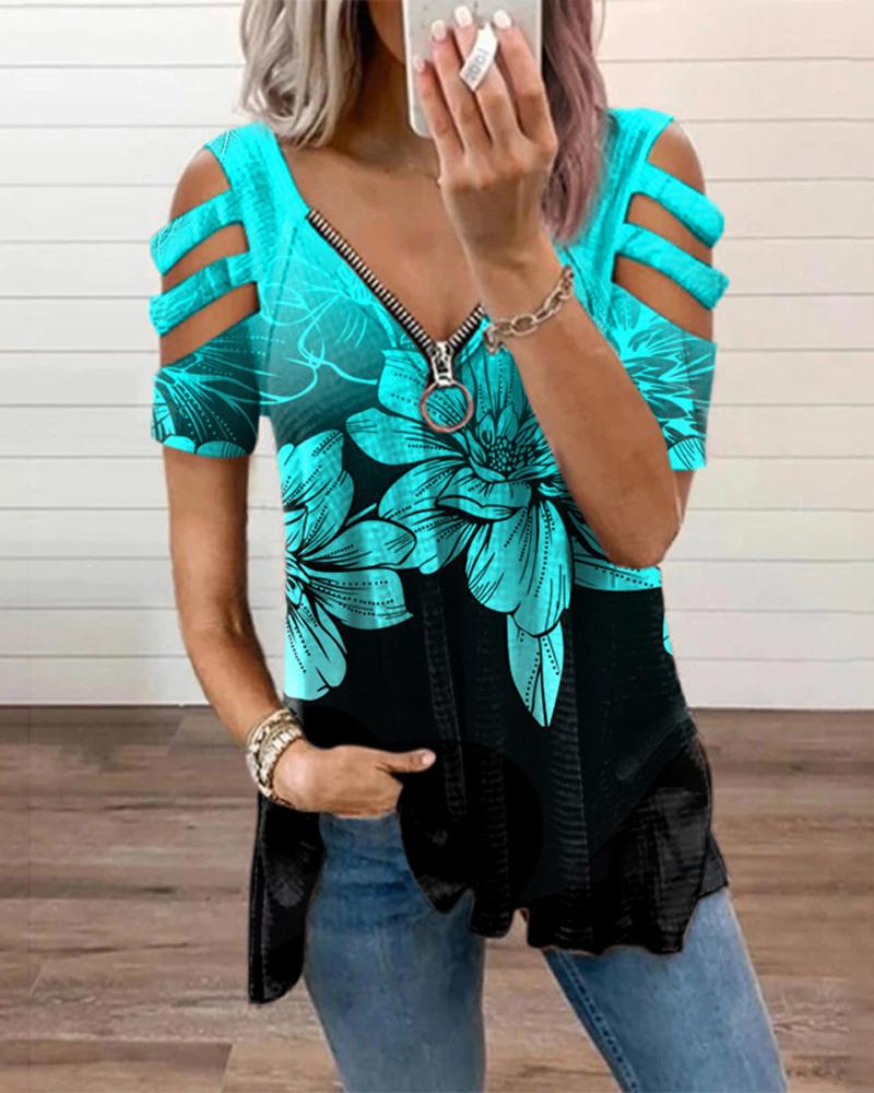 

Floral Print Colorblock Cold Shoulder Top, Green