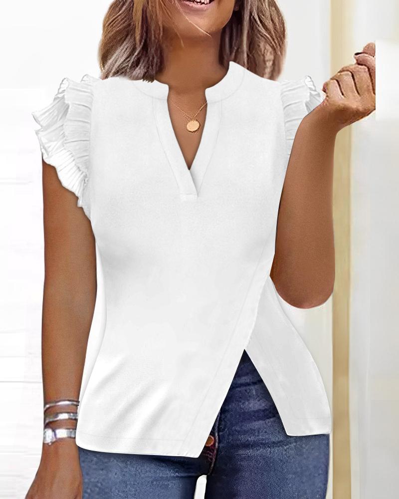 Flutter Sleeve Split Hem Notch Neck Top