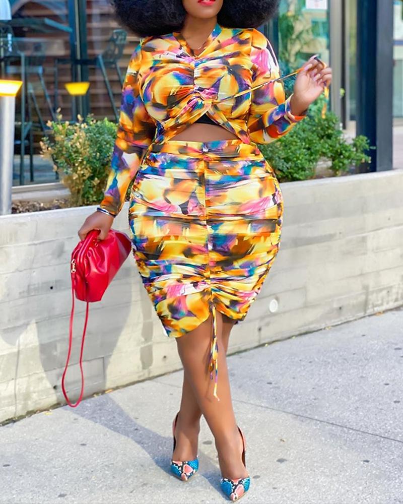 

Plus Size Tie Dye Drawstring Ruched Crop Top & Skirt Set, Multicolor