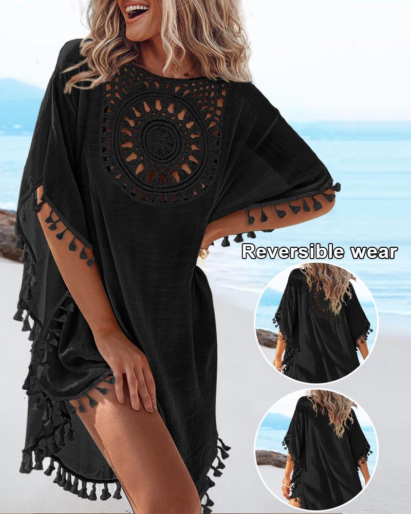 

Reversible-wear Graphic Pattern Hollow-out Batwing Sleeve Round Neck Tassel Cover Up Vacation Top, Black