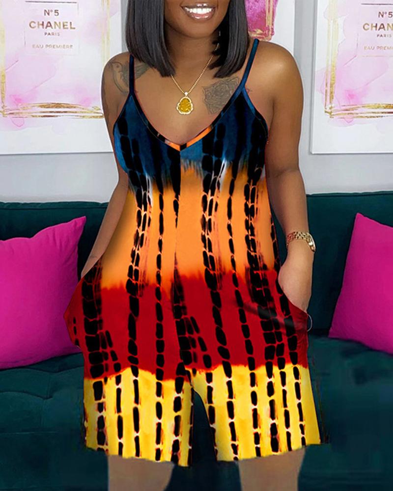 

Tie Dye Print Pocket Detail Spaghetti Strap Romper, Yellow