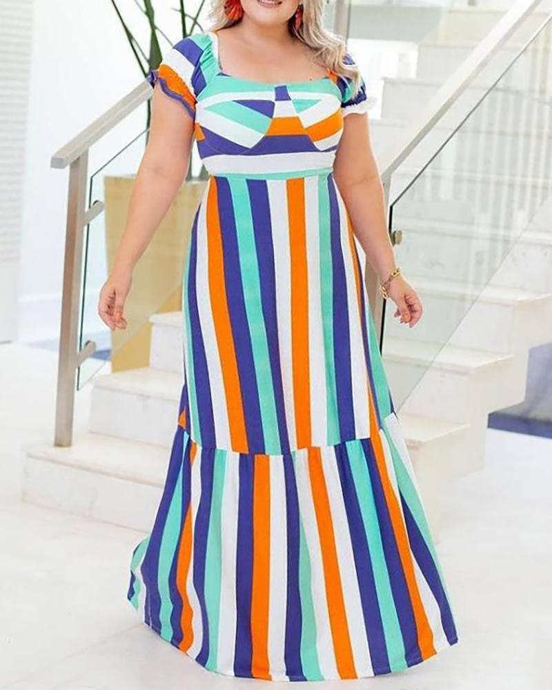 

Plus Size Striped Colorblock Short Sleeve Maxi Dress, Blue