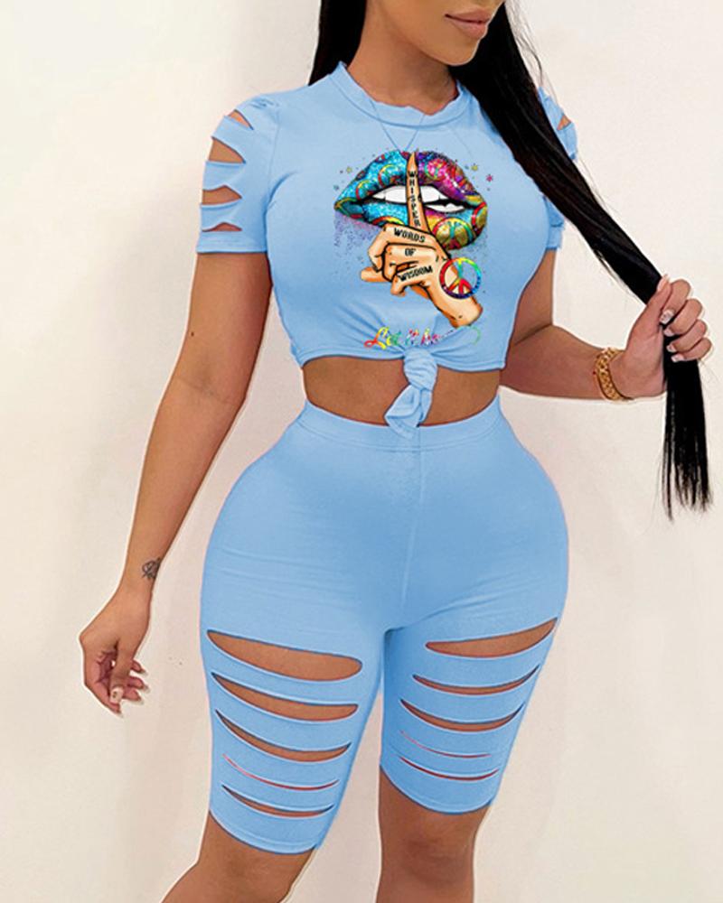 

Slogan Print Ladder Cutout Cold Shoulder Top & Shorts Set, Blue