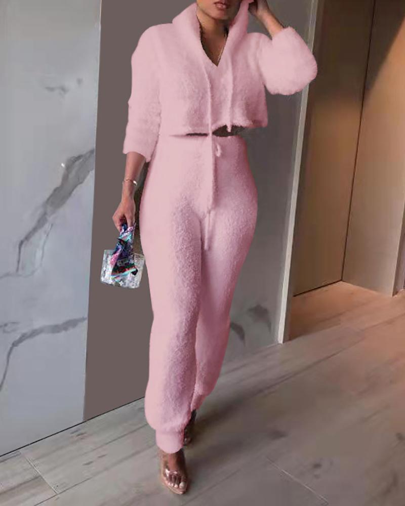

Long Sleeve Hooded Teddy Top & High Waist Pants Set, Pink