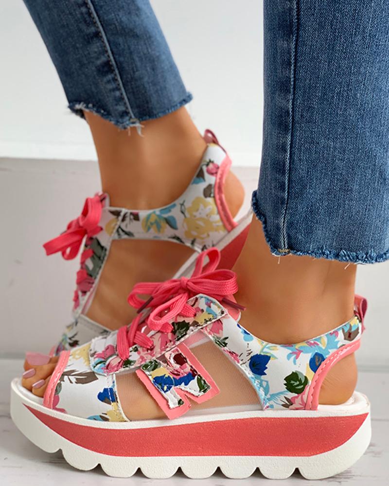 

Floral Print Sheer Mesh Slingback Platform Sandals, Pink