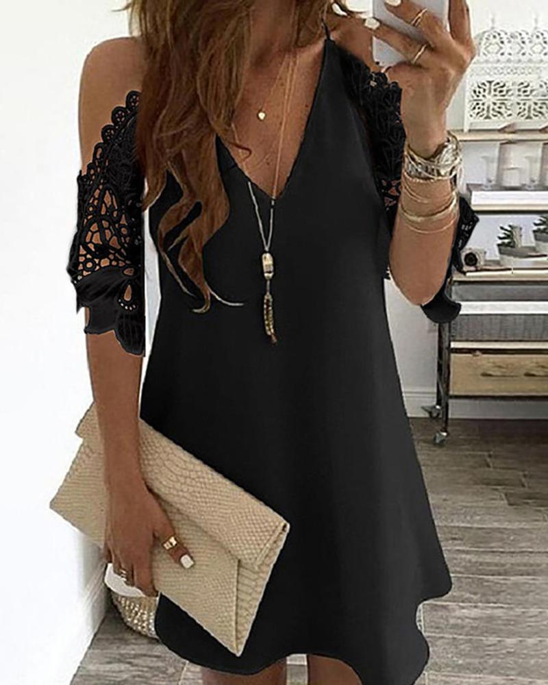 

Cold Shoulder Crochet Lace Hollow Out Casual Women Dress, Black