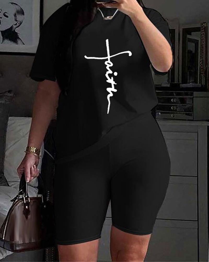 

Letter Print T-shirt & High Waist Shorts Set, Black