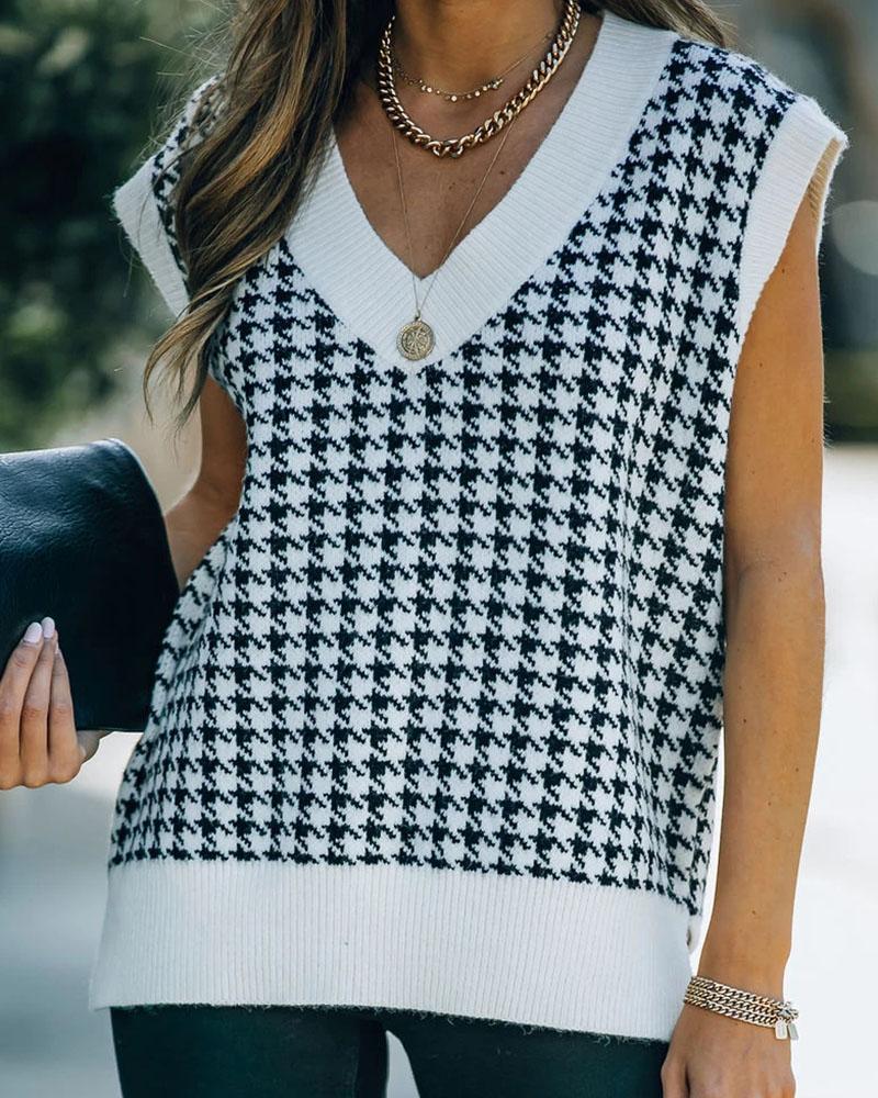 

V Neck Houndstooth Print Colorblock Kint Tank Top, White