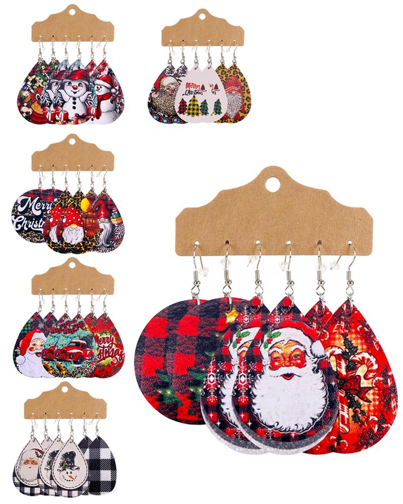 

3Pair Christmas Santa Claus Snowman Print Drop Earrings, Style1