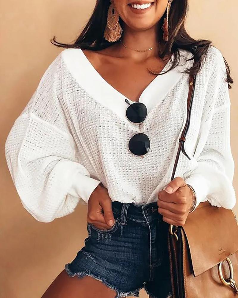 

Lantern Sleeve Drop Shoulder Knit Sweater, White