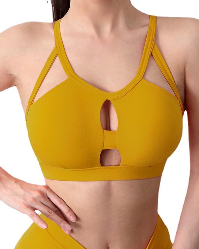 

Skinny Cross Strap Cut-out Solid Color Sleeveless Sport Bra, Yellow