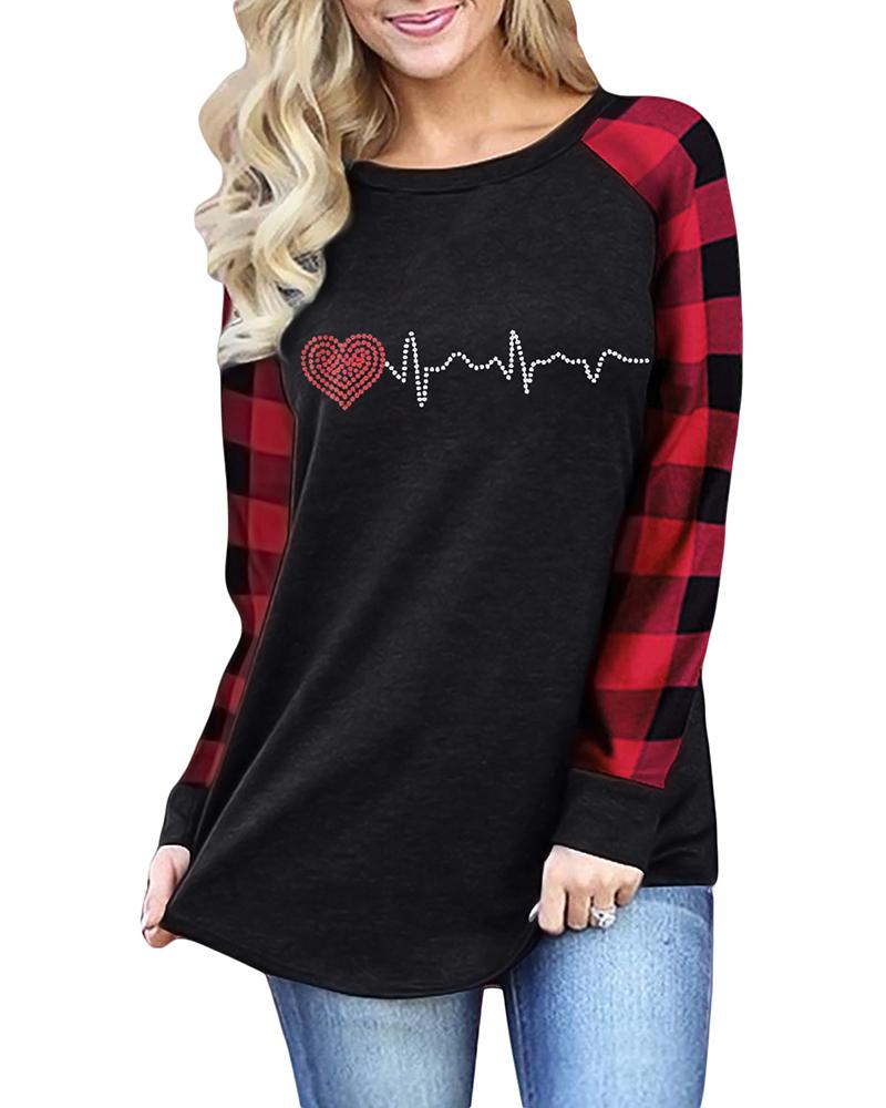 

Valentine' Day Plaid Print Rhinestone Long Sleeve Top, Style2