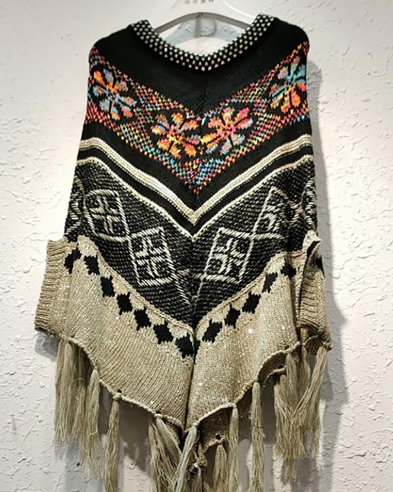 

Geo Pattern Tassel Design Cape Sweater, Purplish blue