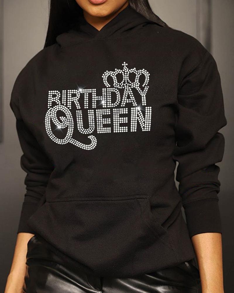 

Rhinestone Birthday Queen Crown Pattern Pocket Design Hoodie, Black