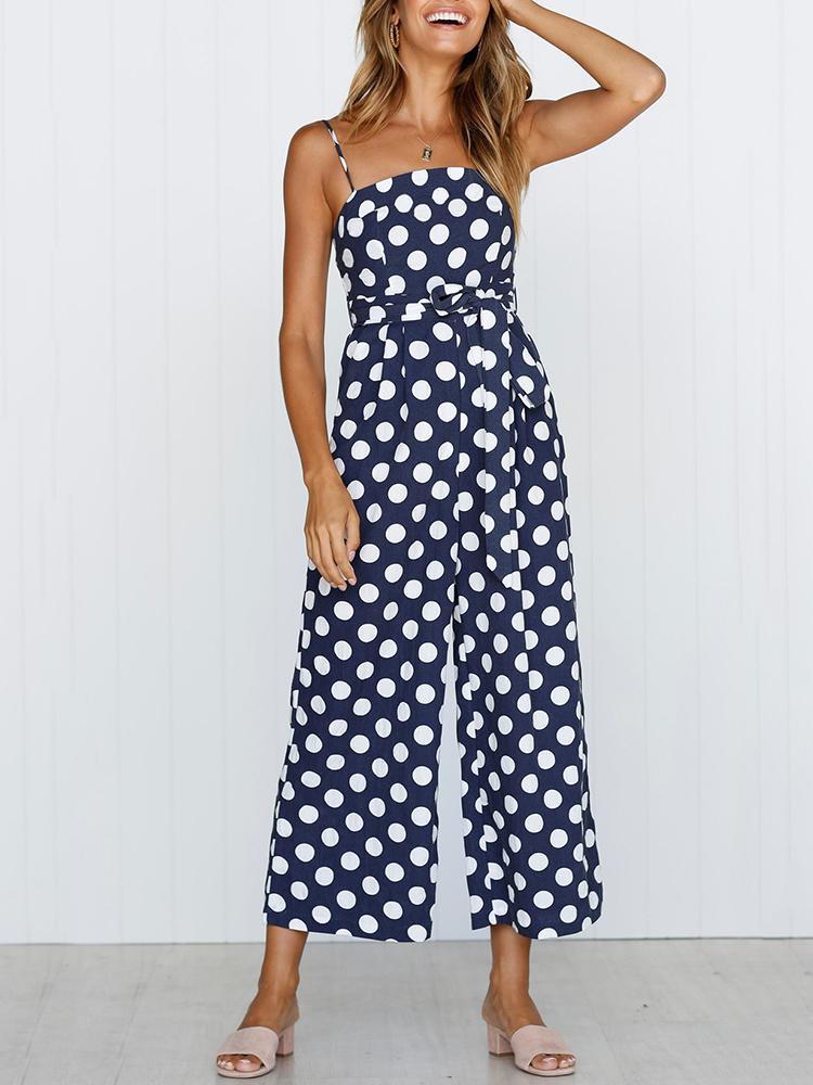 

Dot Spaghetti Strap Tied Waist Wide Leg Jumpsuit, Dark blue