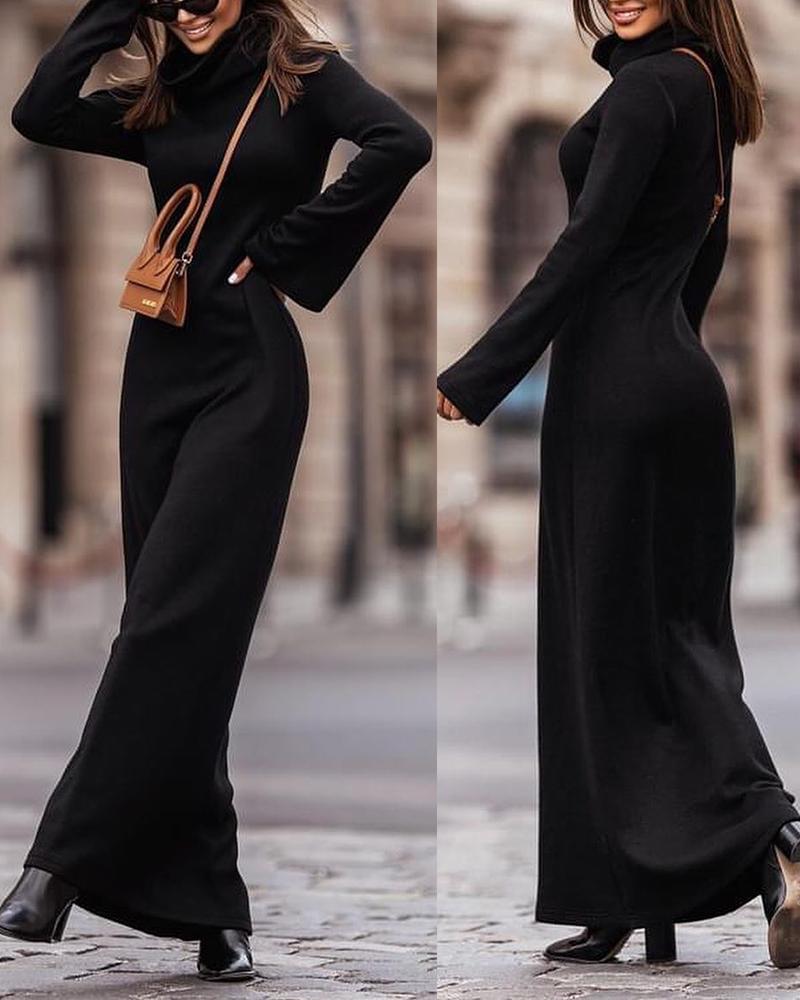 

High Neck Bell Sleeve Maxi Dress, Black